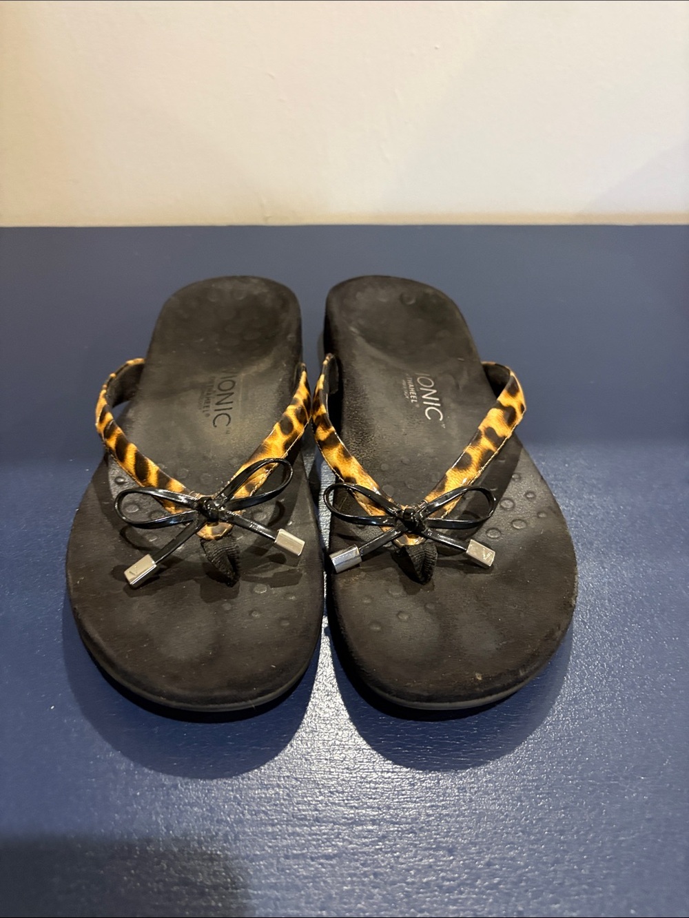 Vionic Black Footbed Flip Flops with Leopard-Print Straps